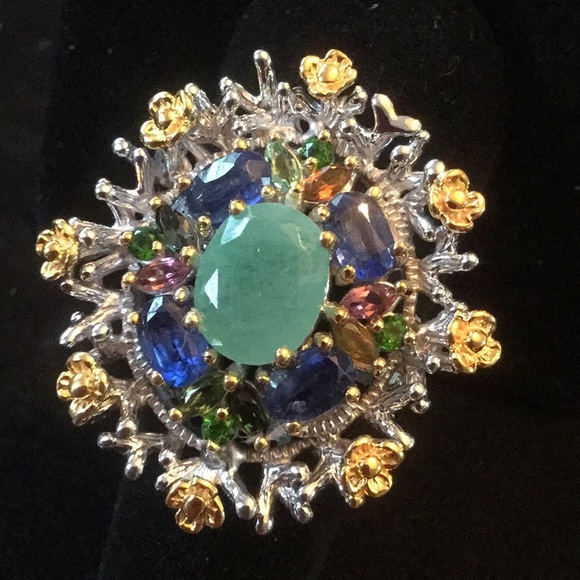 Fabulous Genuine Emerald, Tourmalines & Kyanite Ring - Picture 3 of 9